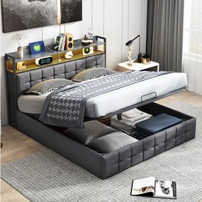 Łóżko z pojemnikiem 140x200 cm szare z podświetlanym zagłówkiem LED RGB, portami USB/Type-C, hydraulicznym schowkiem i wbudowaną półką