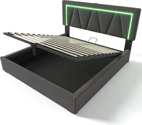 Łóżko ze schowkiem 160 x 200 cm - szary len - Łóżko dwuosobowe z ładowarką USB i oświetleniem LED - metalowa rama - bez materaca