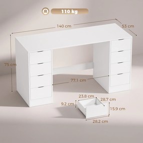 HOMCOM Biurko 140 cm z 8 szufladami, nowoczesne biurko z miejscem do przechowywania, biały dekor drewnopodobny | Aosom PL