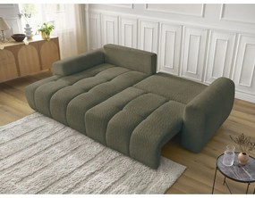 Rozkładany/ze schowkiem narożnik z materiału bouclé (lewostronny/z szezlongiem) w kolorze khaki Roxelane – Bobochic Paris