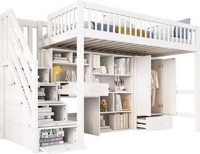 Łóżko mezzaninne wielofunkcyjne z drewna i MDF - 90x200 cm - z schodami do przechowywania, biurkiem i szafą - Białe (bez materaca)