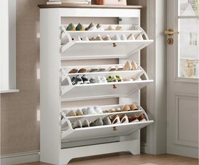 Nowoczesna szafa na buty 87x26x120 cm - 3 drzwi uchylne - okrągłe drewniane uchwyty - MDF - biały