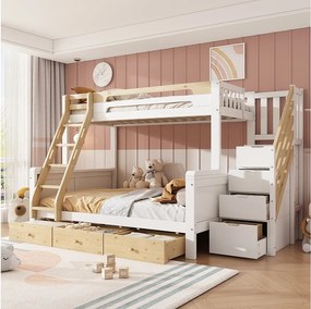 Łóżko piętrowe 90 x 200 + 140 x 200 cm z drabinką i 3 szufladami - Sosna + MDF - Biały + naturalne drewno (Materac nie jest wliczony w cenę)