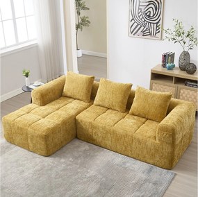 Sofa 3-osobowa w kształcie litery L - 250 x 158 x 60 cm - z leżanką + podłokietnikami + 3 poduszkami - Chenille - żółta
