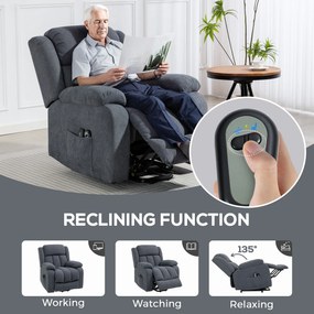 HOMCOM Fotel TV z funkcją podnoszenia, elektryczny fotel relaksacyjny z funkcją leżenia i masażem, 93x91x103 cm, ciemnoszary