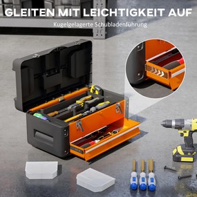 HOMCOM Pusta Skrzynka na Narzędzia, 49,7 x 25,3 x 23 cm, z Szufladą, Mini-Boxem, Stalowe, Pomarańczowe