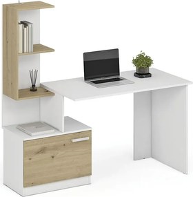 Biurko z szafką i biały półkami + dąb artisan T9-R81