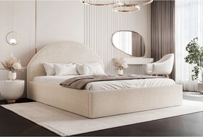 BESILIO Łóżko tapicerowane Boucle 200x200 Velora- stelaż listwowy, wezgłowie, pojemnik, łóżko slim - Kremowy