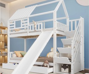 Łóżko piętrowe 90x200cm z drewna i MDF - z zjeżdżalnią i schodami do przechowywania - duża szuflada pod łóżkiem - Białe
