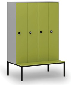 Drewniana szafa ubraniowa S4 z ławką, 4-drzwiowa, 1871 x 1200 x 500/800 mm, demontaż, zamek RFID, szary/zielony