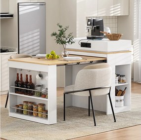 Rozkładana wyspa kuchenna na kółkach z blatem składanym - 83 x 46 x 96 cm - stół barowy z drzwiami i szufladą - MDF + szkło - biały