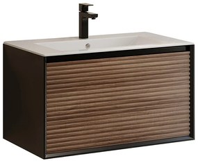 Podwieszana szafka łazienkowa z prążkowanym wykończeniem, umywalką nablatową i kranem - Kolor ciemny naturalny i czarny - 80 cm - BANIVA