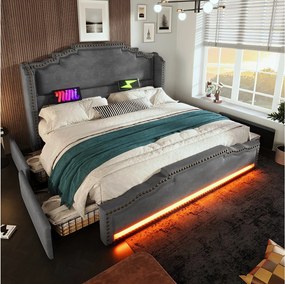 Łóżko tapicerowane podwójne ze schowkiem - 160 x 200 cm - z diodami LED + USB-C + 4 szuflady - aksamit - szare