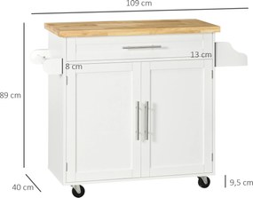 HOMCOM Wózek Kuchenny Serwisowy Wyspowy, 1 Półka na Przyprawy, 1 Uchwyt na Ręcznik, 109 cm x 40 cm x 89 cm, Biały