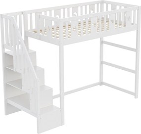 Łóżko piętrowe dla dzieci - 90 x 200 - ze schowkiem w schodach + barierka ochronna - drewno + MDF - białe