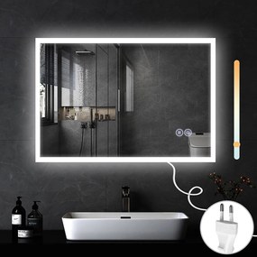 NETTLIFE Lustro z oświetleniem 100x60cm Lustro ścienne LED Lustro łazienkowe ze szkła odpornego na stłuczenie z ekranem dotykowym