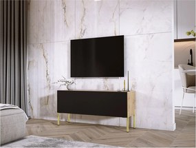 Szafka RTV: Dąb Wotan / Czarny Mat, nogi złote, 100 x 52 x 32 cm