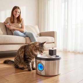 PawHut Fontanna dla kota 4L bezprzewodowa, ze stali nierdzewnej, z czujnikiem ruchu, 6 filtrami, podwójnym systemem filtracji, okienkiem LED, srebrna | Aosom PL