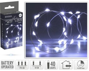 Drut świetlny Silver, 2 m, 40 diod LED, zimna biała, timer, na baterie