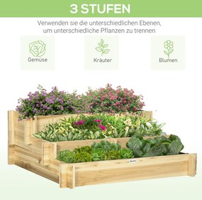 Outsunny Wysokie Łóżko Ogrodowe 3-Stopniowy Kwietnik Drewniany z Podszewką Naturalne 93x93x35cm na Balkon | Aosom PL