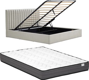 Łóżko ze skrzynią  180 x 200 cm - Tkanina - Jasnoszary + Materac - SARANELI