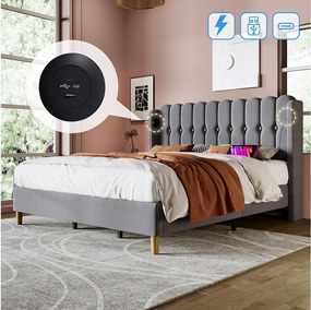 Łóżko tapicerowane dwuosobowe - 180 x 200 cm - z USB typu C + stelaż + zagłówek - len - szary