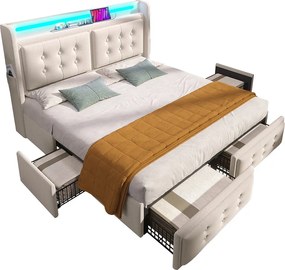 Łóżko tapicerowane 180 x 200 cm z 4 szufladami, zagłówkiem LED, gniazdem USB Type-C - Tkanina bawełniana - Beżowe (bez materaca)