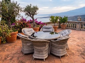 Duży komplet stołowy z technorattanu (6 foteli + stół) MODERNO jasny szary