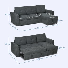 HOMCOM Sofa trzyosobowa z funkcją spania, sofa z chaiselongiem, tapicerowana sofa, ciemnoszara
