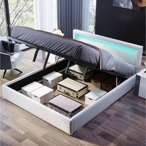 Łóżko z pojemnikiem 140x200 cm - Łóżko dla dorosłych z zagłówkiem Łóżko i stelaż - oświetlenie LED - biały poliuretan