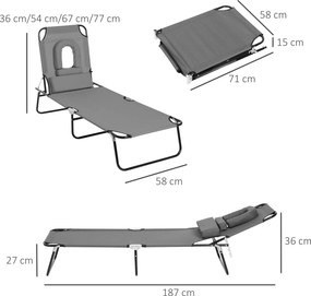 Outsunny Leżak z otworem na twarz i poduszkami, składany, wodoodporne pokrycie, metalowa rama, Ciemnoszary