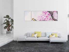 Obraz - ptak na drzewie z różowymi kwiatami (170x50 cm)