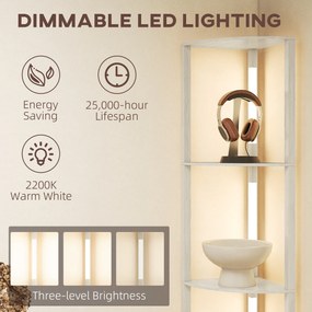 HOMCOM Lampa stojąca LED, regał narożny, ściemnialna, 4 półki, ciepłe światło, 41x30x164 cm, dąb