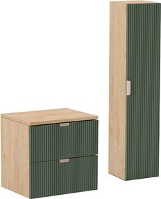 Zestaw Łazienkowy 60cm Szafka Blat Słupek Ryflowane Fronty Zielony / Dąb Orzech