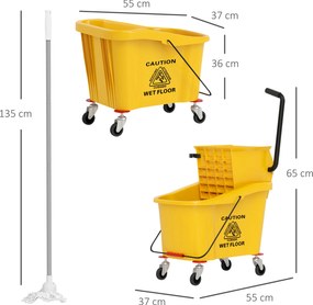 HOMCOM Wiadro do Mopa na Kołach z Wyciskaczem, Uchwytem na Mopa, 36 Litry, Plastik, Żółty