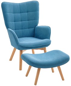HOMCOM Akcentowy Fotel z Podnóżkiem, Fotel Relaksacyjny w Wyglądzie Sztruksu, Fotel z Podłokietnikami i Drewnianymi Nogami, do Salonu, Niebieski