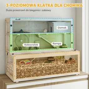 PawHut Klatka dla chomika, 3 poziomy, domek, akcesoria, 100 x 50 x 84 cm, dla kilku małych zwierząt, drewno, tworzywo sztuczne | Aosom PL