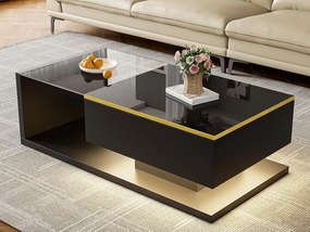 Nowoczesny stolik kawowy – Szkło – Oświetlenie LED – Schowek – Czarny