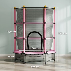 HOMCOM Trampolina dla Dzieci, Ø140 cm, z Siatką Bezpieczeństwa, do Użytku Wewnętrznego i Zewnętrznego, Stal, Tworzywo Sztuczne, Udźwig do 50 kg, Różowa