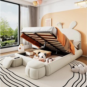 Łóżko podwójne ze schowkiem - 140 x 200 cm - z 2 stołkami ze schowkiem - uszy królika z diodami LED - aksamit - białe