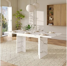 Rozkładany stół jadalny - 140/180 x 80 x 75 cm - dla 6-8 osób - styl minimalistyczny - płyta MDF - biały marmur