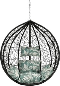 Czarny wiszący fotel KOKON bez stojaka, zielono-biała poduszka