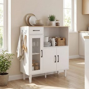 HOMCOM Kredens kuchenny z szufladą, 2 szafkami, otwartą półką, prążkowanymi drzwiami z akrylu 80 x 34 x 91 cm Biały + Dąb | Aosom PL