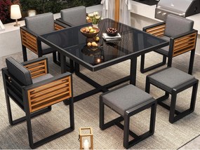 Zestaw jadalniany ogrodowy na 4-6 osób, 1 stół jadalniany z blatem szklanym, z żelaza ocynkowanego, 4 fotele, 2 taborety, szary