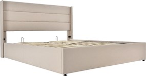 Łóżko z pojemnikiem 140x200 cm - Łóżko dla dorosłych z zagłówkiem - szaro-beżowe - materac w komplecie
