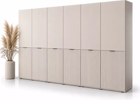 Szafa 300 cm sześciodrzwiowa Dickson 3 z ryflowanymi frontami kaszmir - nowoczesna szafa do sypialni z 18 półkami i 6 drążkami