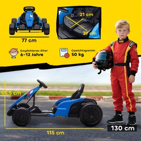 AIYAPLAY 24V Elektryczny gokart, tryb driftu, regulowane siedzisko, 5-punktowy pas bezpieczeństwa, funkcja muzyczna, klakson, 6-12 lat Niebieski