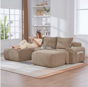 Sofa modułowa 3-osobowa - 268 x 174 x 80 cm - z 2 pufami + uchwytami na kubki + kieszenią do przechowywania - aksamit - khaki