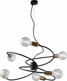 Lampa wisząca Vortex w kolorze czarnym, wykończenie w szczotkowanym mosiądzu, regulowany kabel stalowy, 6 lamp o średnicy 55 cm, elegancki wygląd