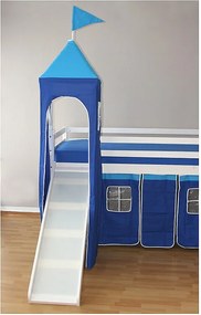 Łóżko piętrowe dla dzieci 208x110x97 cm białe z niebieską zasłoną, łóżko typu loft, kabina